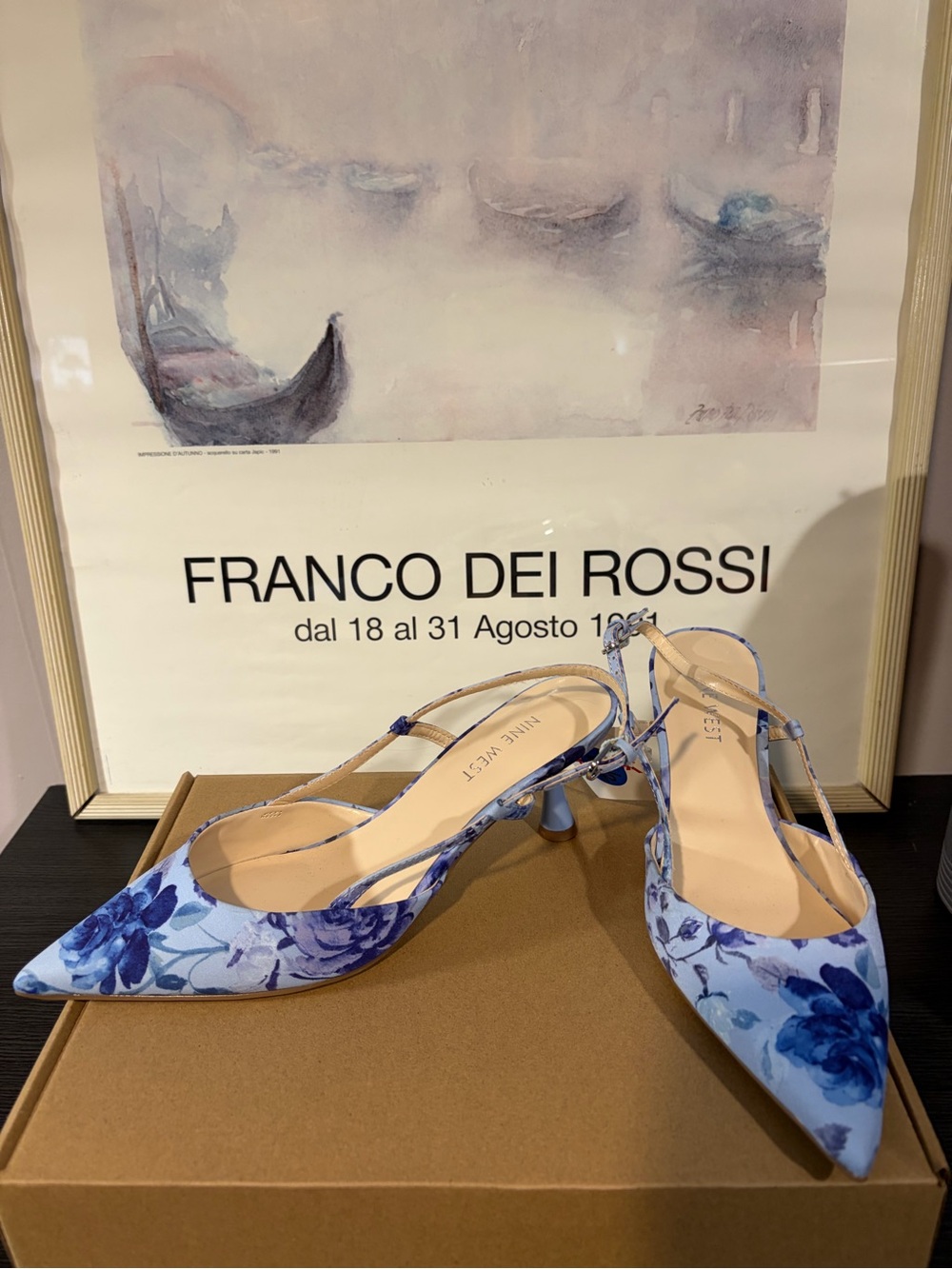 Nine West Blue Floral Slingback Pointed Toe Kitten Heel shoes Size 8 NWT